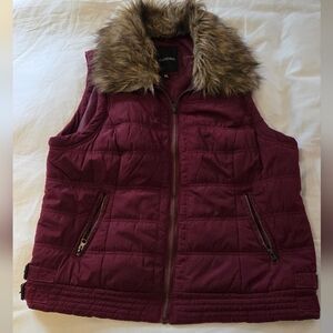 Maurices Quilted Puffer Vest with Faux Fur Collar - Burgundy